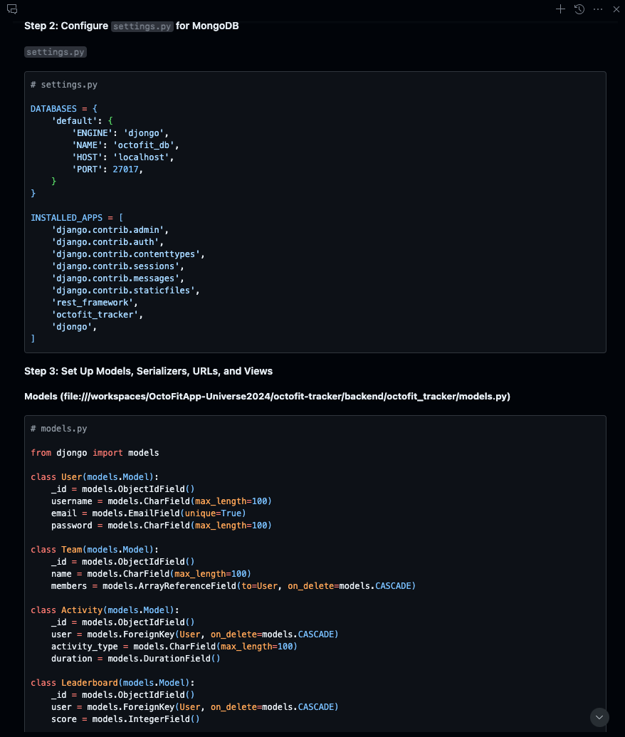 OctoFit Tracker backend response step 2 and 3