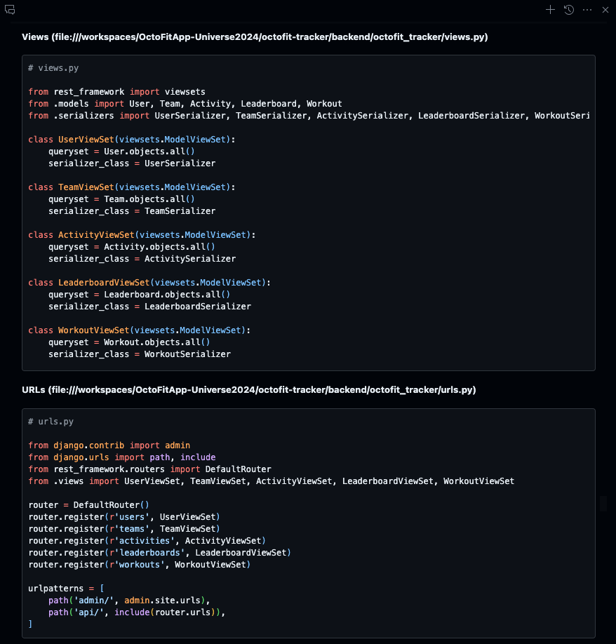 OctoFit Tracker backend response step 3 continued